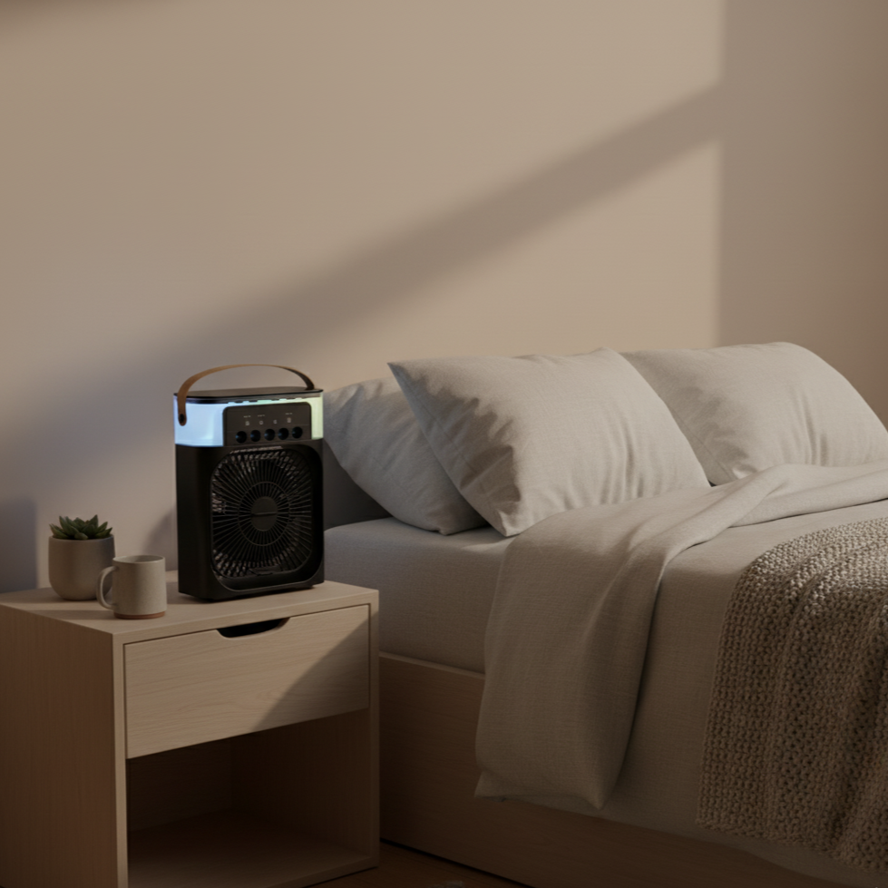 Mini Ventilador Portátil 3 en 1 con Humidificador y Luz LED – USB Recargable