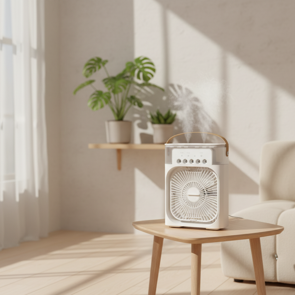 Mini Ventilador Portátil 3 en 1 con Humidificador y Luz LED – USB Recargable