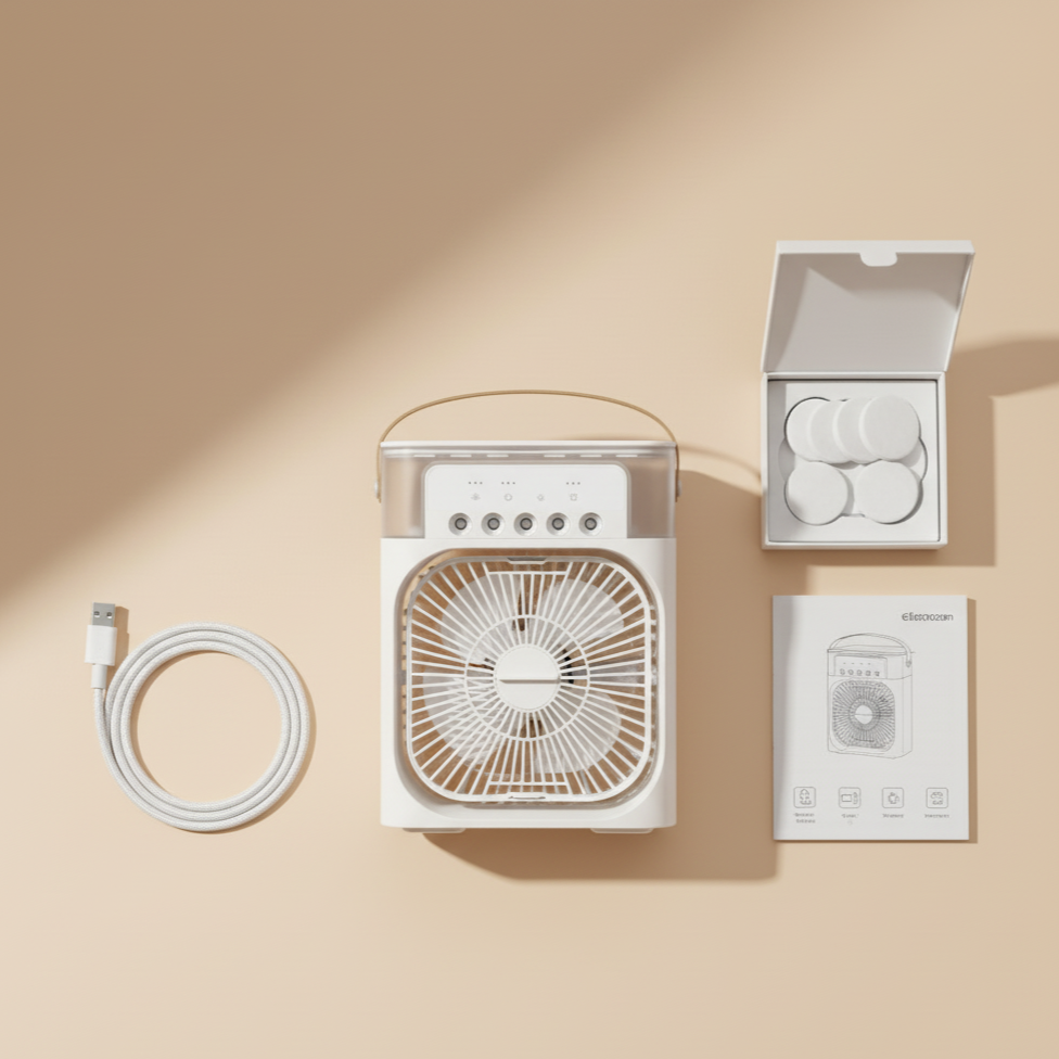 Mini Ventilador Portátil 3 en 1 con Humidificador y Luz LED – USB Recargable