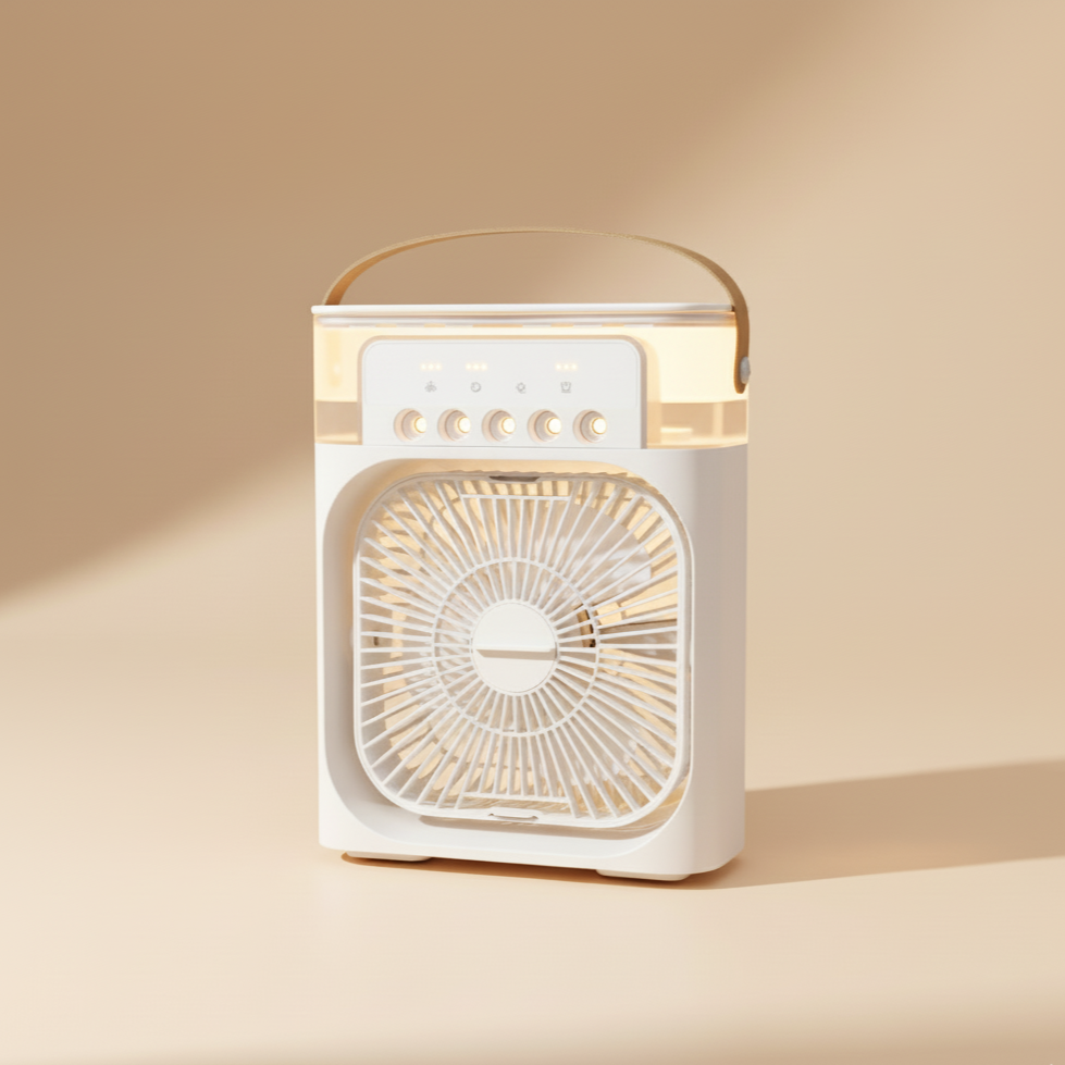 Mini Ventilador Portátil 3 en 1 con Humidificador y Luz LED – USB Recargable