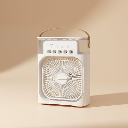 Mini Ventilador Portátil 3 en 1 con Humidificador y Luz LED – USB Recargable