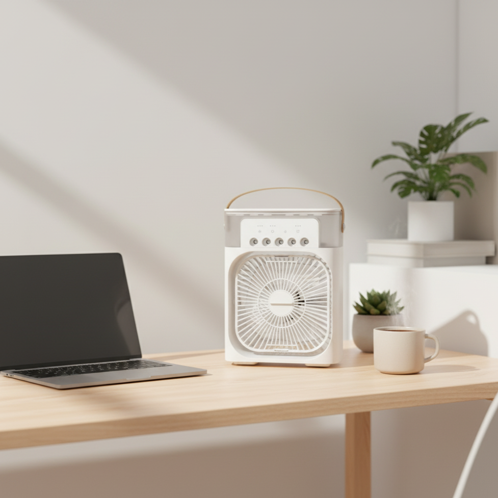 Mini Ventilador Portátil 3 en 1 con Humidificador y Luz LED – USB Recargable