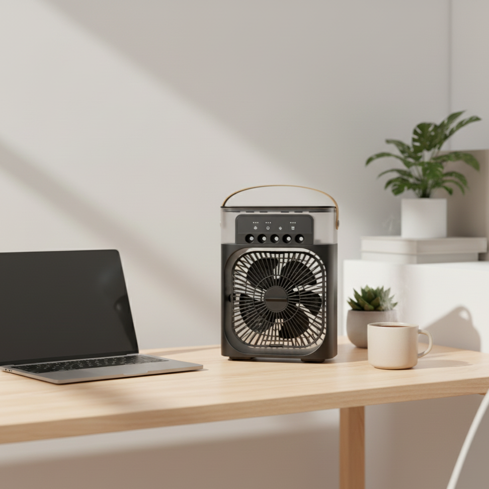 Mini Ventilador Portátil 3 en 1 con Humidificador y Luz LED – USB Recargable