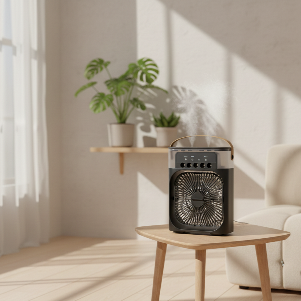Mini Ventilador Portátil 3 en 1 con Humidificador y Luz LED – USB Recargable