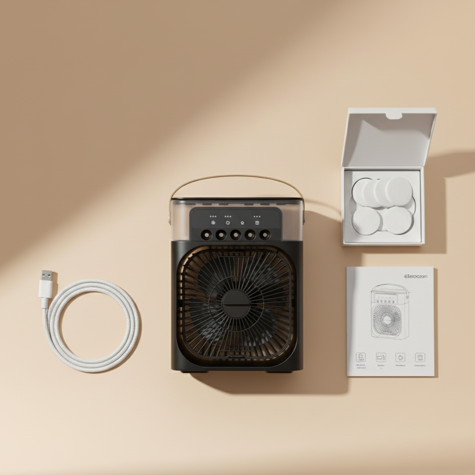 Mini Ventilador Portátil 3 en 1 con Humidificador y Luz LED – USB Recargable