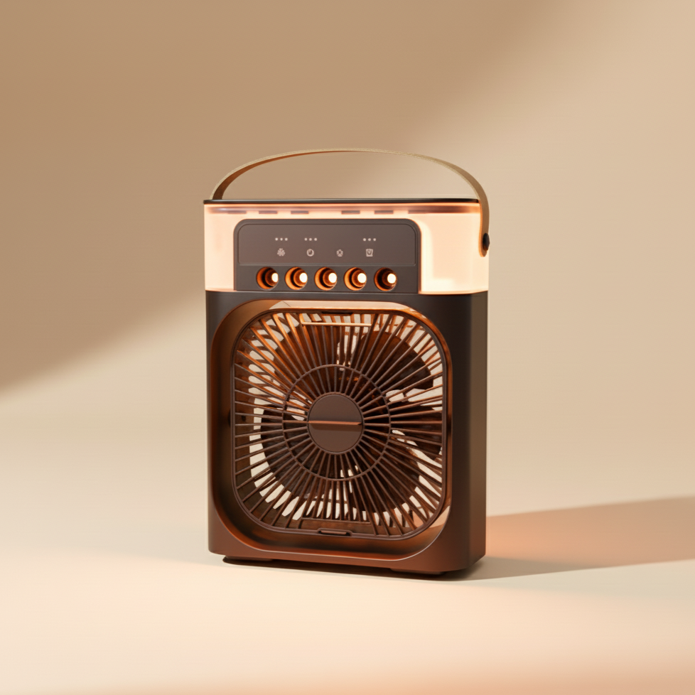 Mini Ventilador Portátil 3 en 1 con Humidificador y Luz LED – USB Recargable