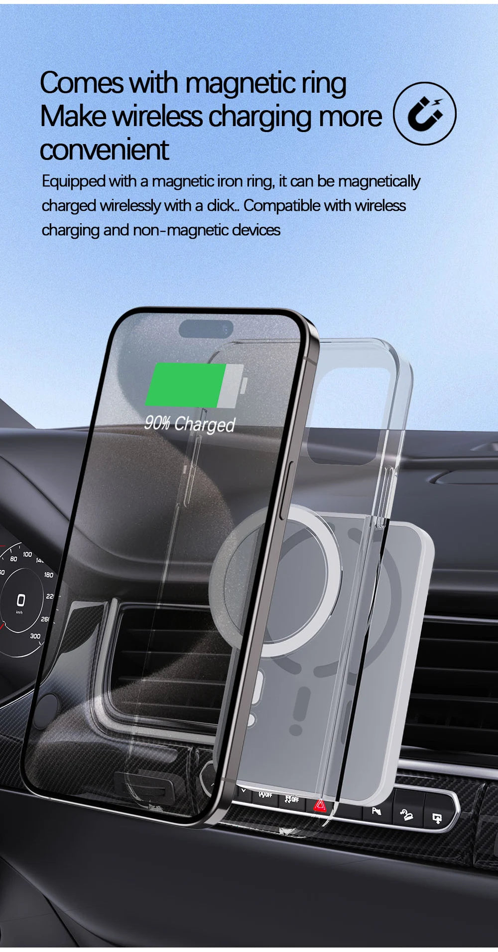 Cargador Inalámbrico Magnético 15W para Auto – Compatible con iPhone MagSafe