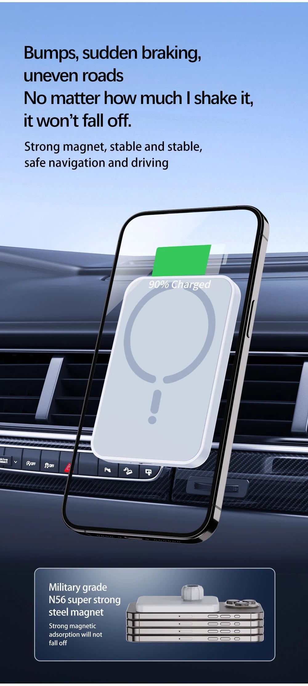 Cargador Inalámbrico Magnético 15W para Auto – Compatible con iPhone MagSafe