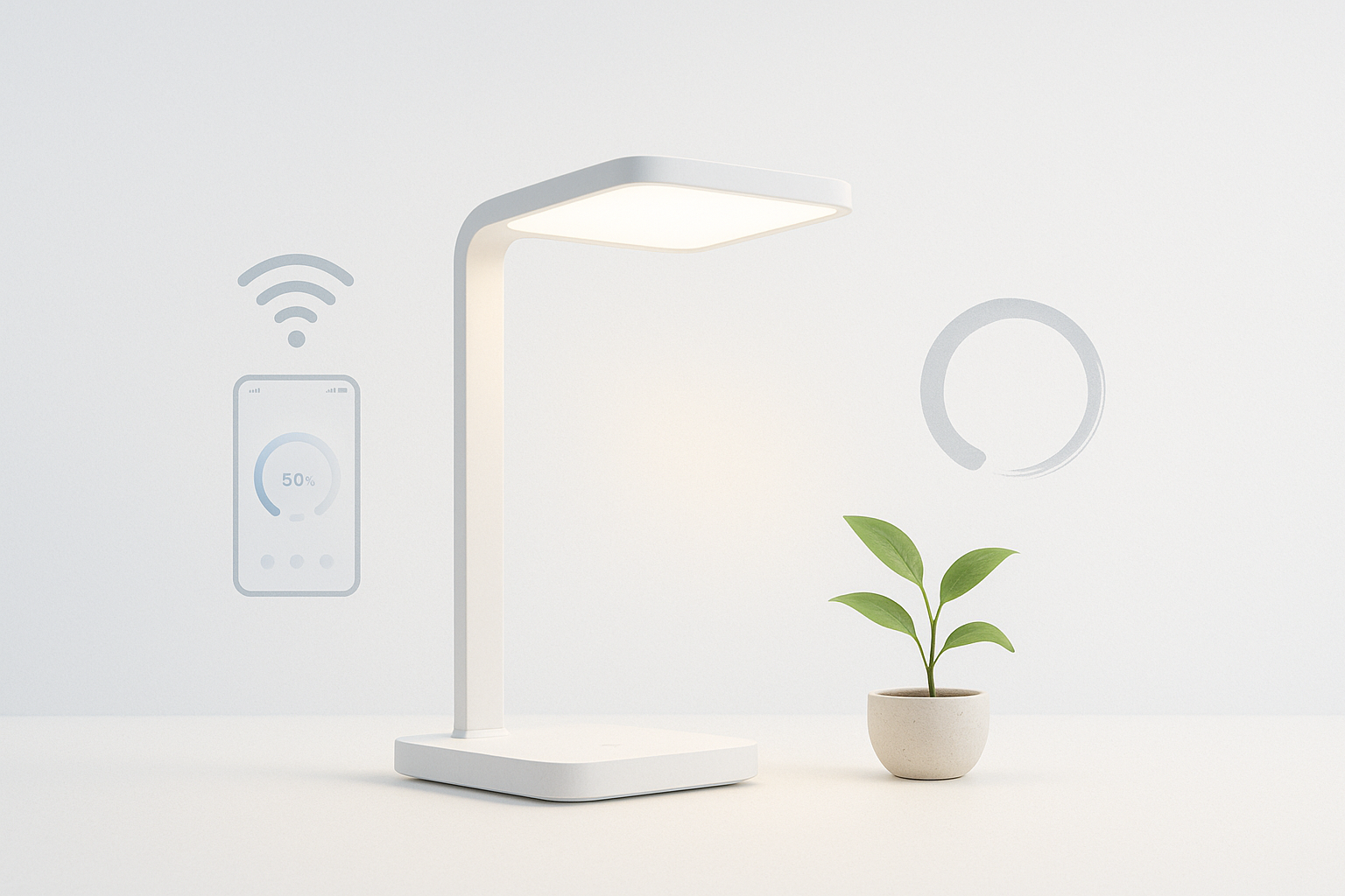 Elabora una imagen con la siguiente idea: 

Escena visual:
	•	Fondo minimalista con tonos claros (blanco, gris suave, azul).
	•	En el centro, un gadget para el hogar inteligente (por ejemplo: lámpara LED inteligente, altavoz smart o dispositivo tipo Alexa).
	•	A un lado, íconos sutiles de conectividad (Wi-Fi, app en el celular, iluminación).
	•	Un pequeño detalle zen: una planta minimalista o un círculo estilo “enso” japonés que transmita calma.

